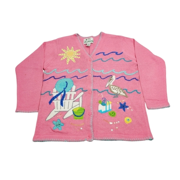 Quacker Factory Beach Summer Seashore Themed Pink Cardigan Sweater Medium - Picture 1 of 14